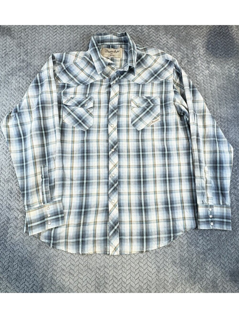 Wrangler Shirt Mens X-Large Wrancher Blue Plaid Long Sleeve Pearl Snap (0162)
